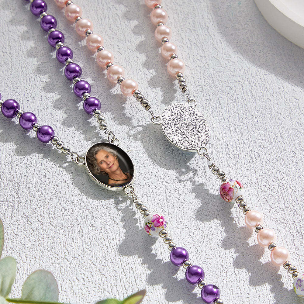Custom Rosary Beads Cross Necklace Personalized Ceramic Rose Glass Imitation Pearl Necklace with Photo - SantaSocks