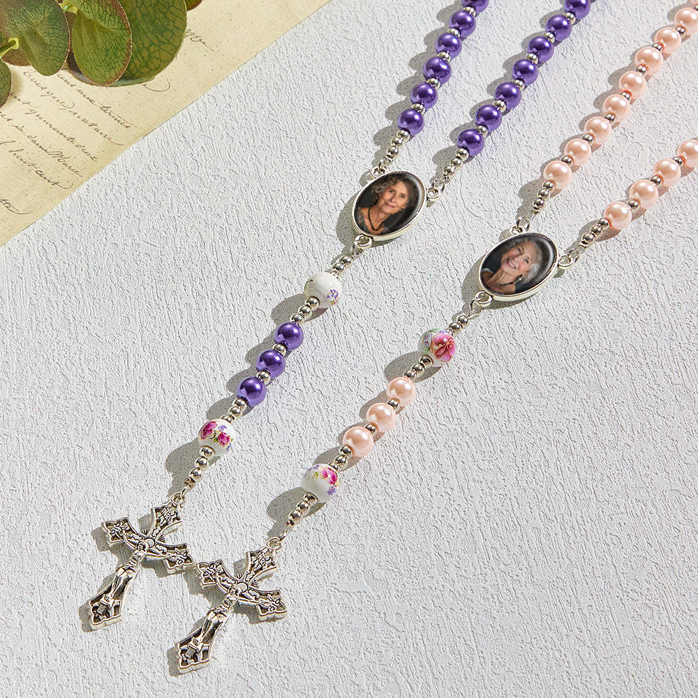 Custom Rosary Beads Cross Necklace Personalized Ceramic Rose Glass Imitation Pearl Necklace with Photo - SantaSocks