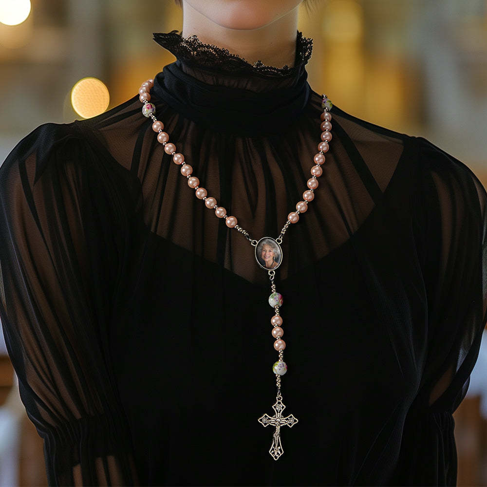 Custom Rosary Beads Cross Necklace Personalized Ceramic Rose Glass Imitation Pearl Necklace with Photo - SantaSocks