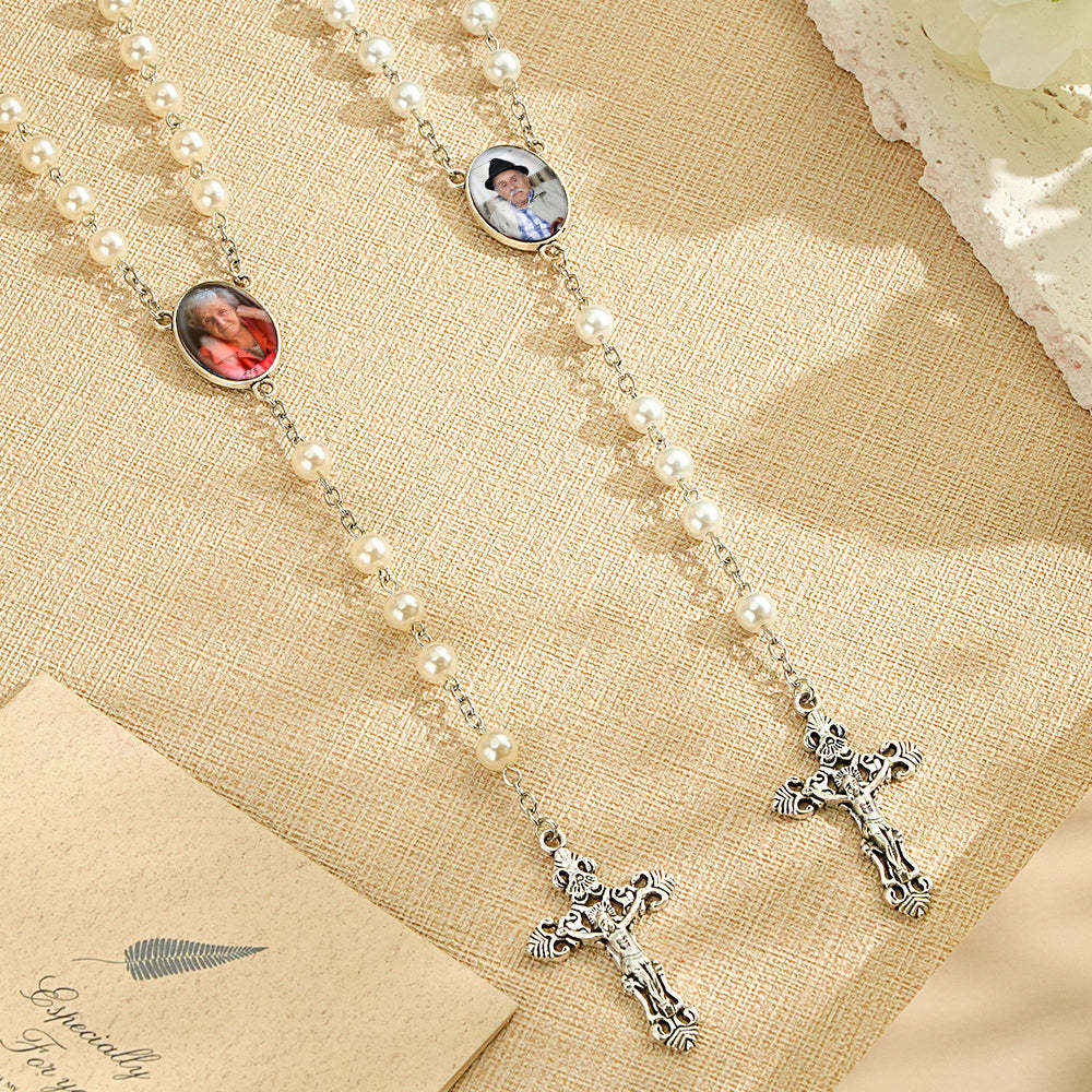 Custom Rosary Beads Cross Necklace Personalized White Imitation Pearls Necklace with Photo - SantaSocks