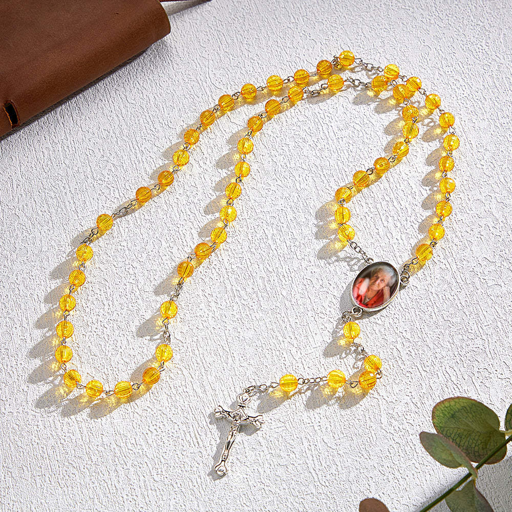 Custom Rosary Beads Cross Necklace Personalized Retro Style Handmade Bead Chain Necklace with Photo - SantaSocks