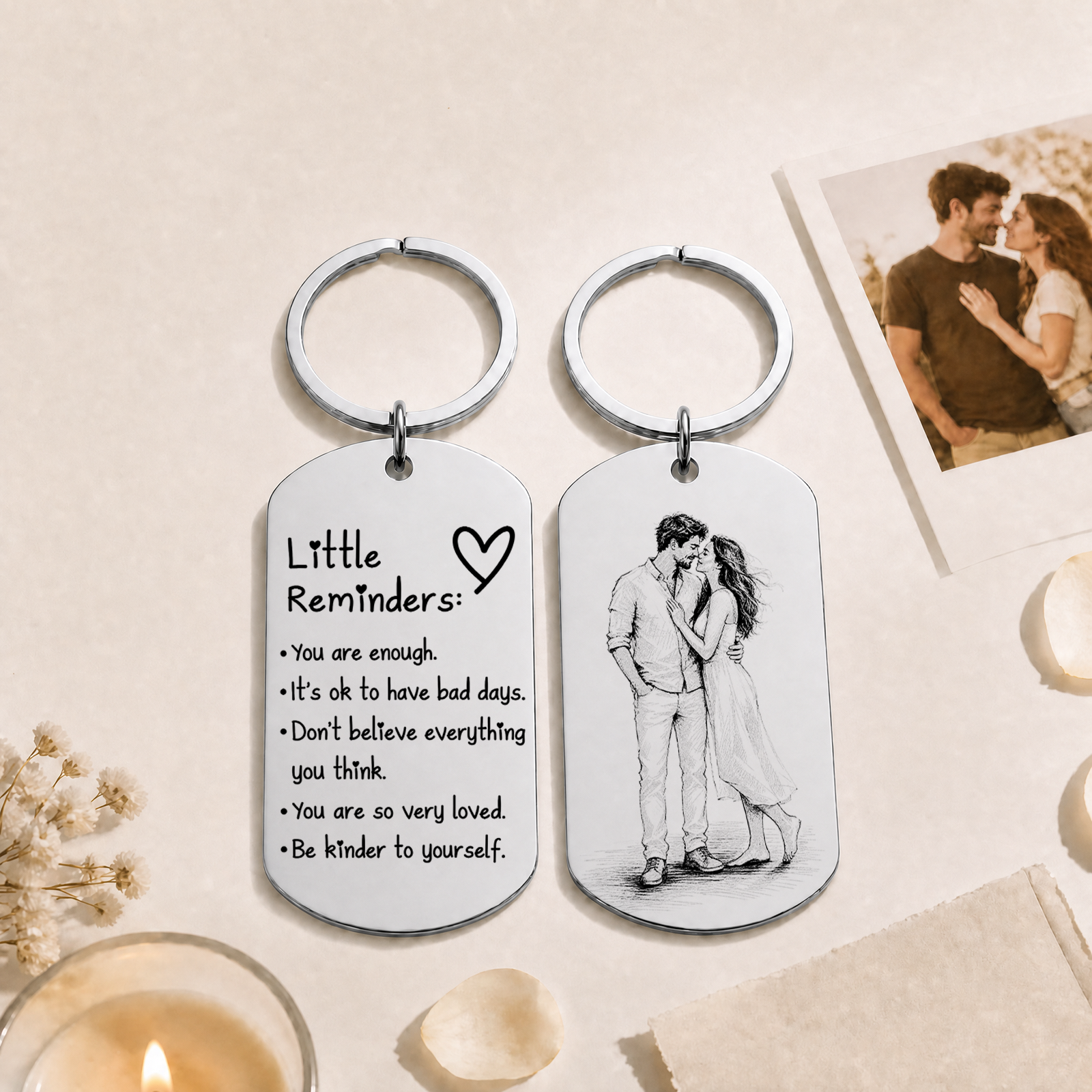 Personalized Photo Inspirational Little Reminders Keychain – Custom Engraved Stainless Steel Dog Tag with Photo Sketch | Meaningful Gift for Friends & Family