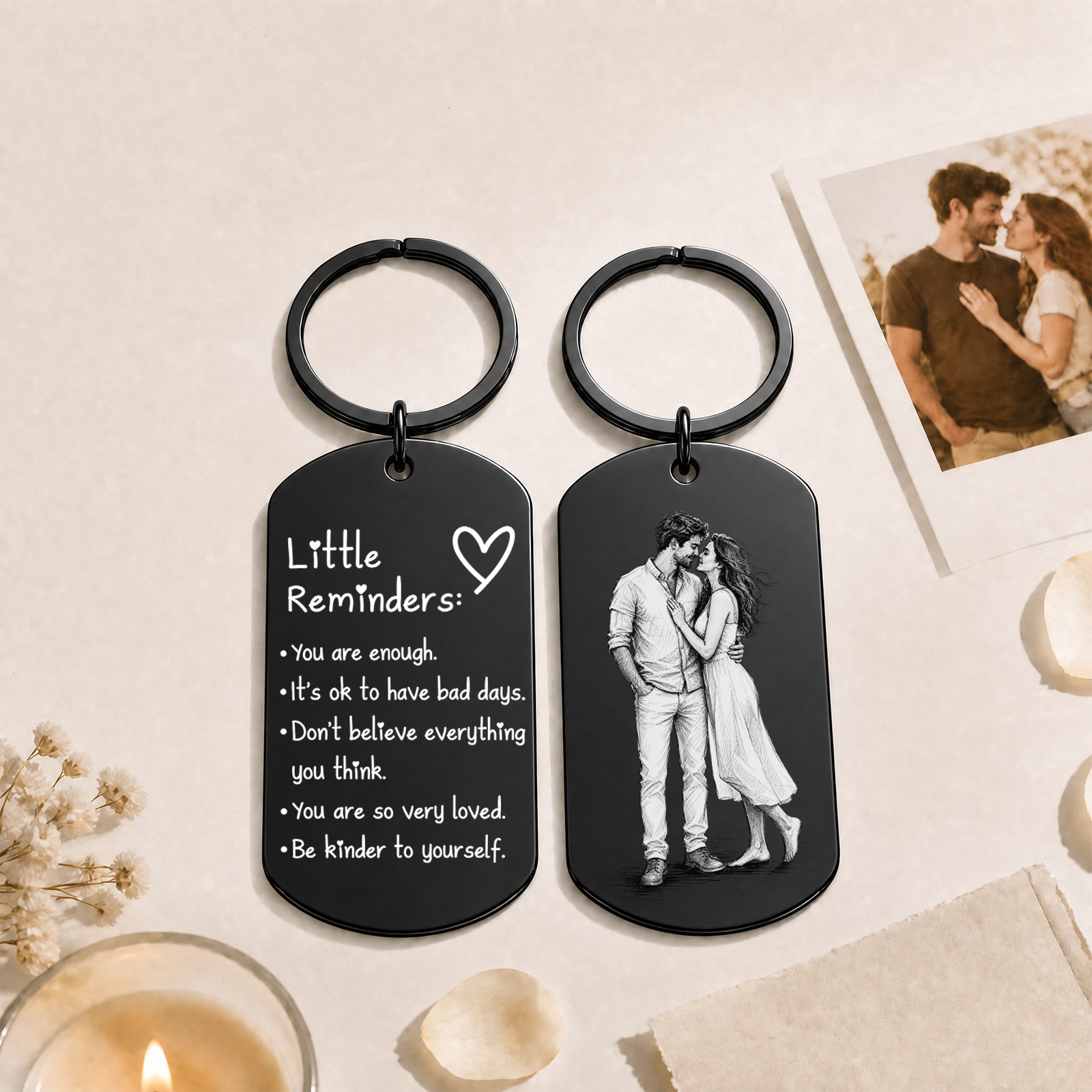 Personalized Photo Inspirational Little Reminders Keychain – Custom Engraved Stainless Steel Dog Tag with Photo Sketch | Meaningful Gift for Friends & Family