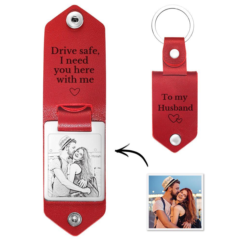Personalized Leather Keychain Drive Safe Significant Custom Photo Keychain Anniversary Gift For Him - SantaSocks