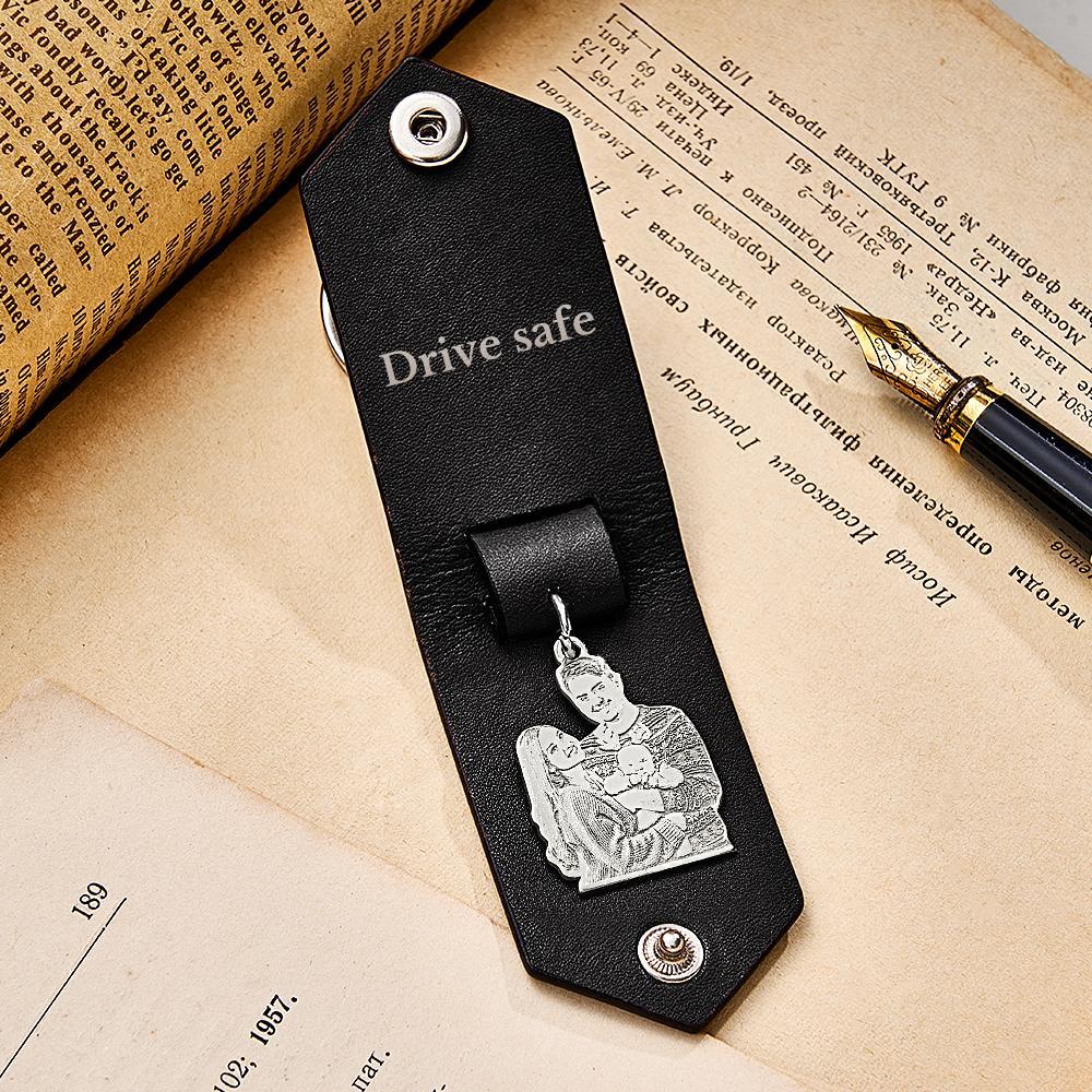 Custom Photo Leather Keychain With Text Annivesary Gifts For Men - SantaSocks