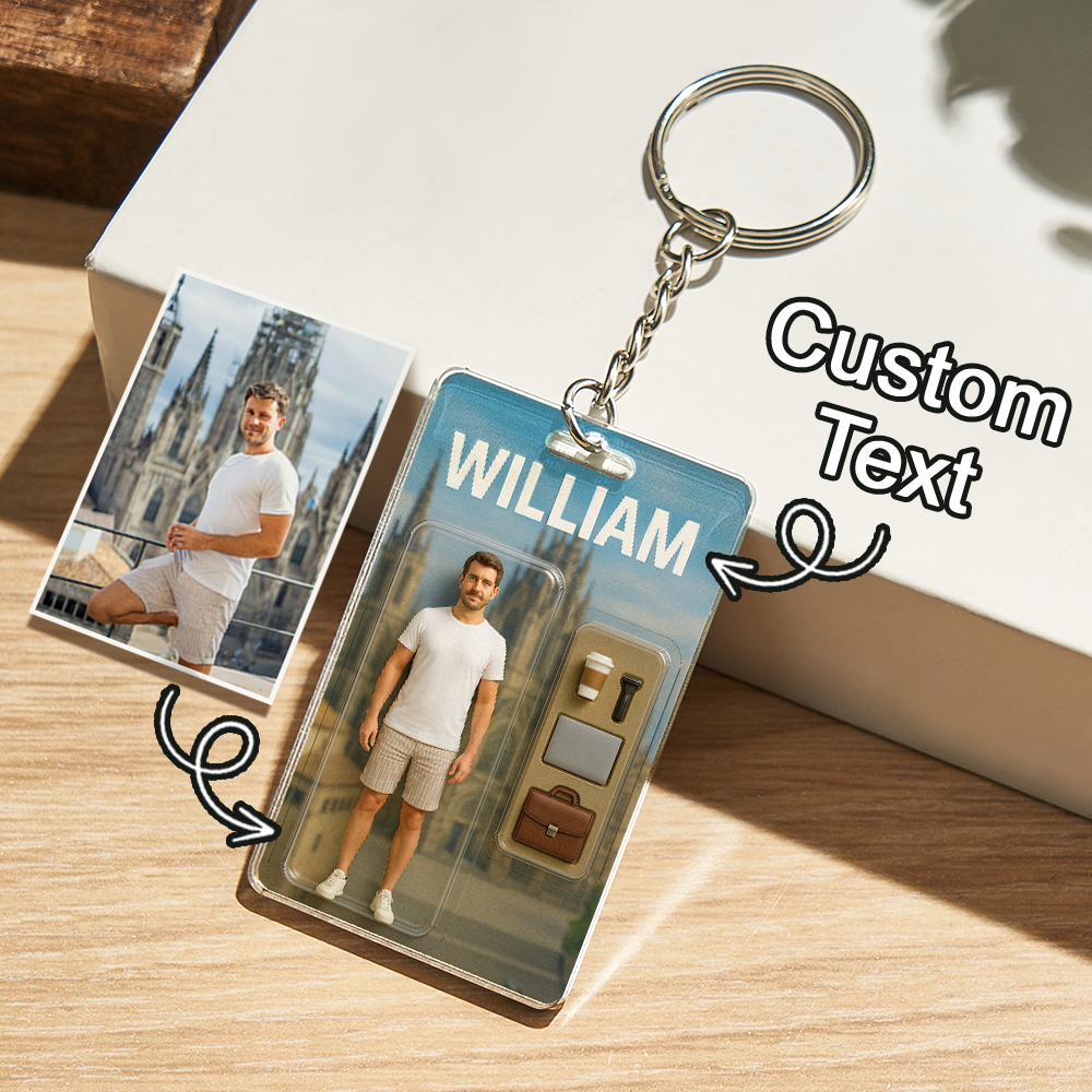 Fully Body Customizable 3D Effect Action Figure Pack Packaging Toy Box Style Art Gift Personalized 2D Printing Acrylic Keychain Gift for Dad Father's Day Gift