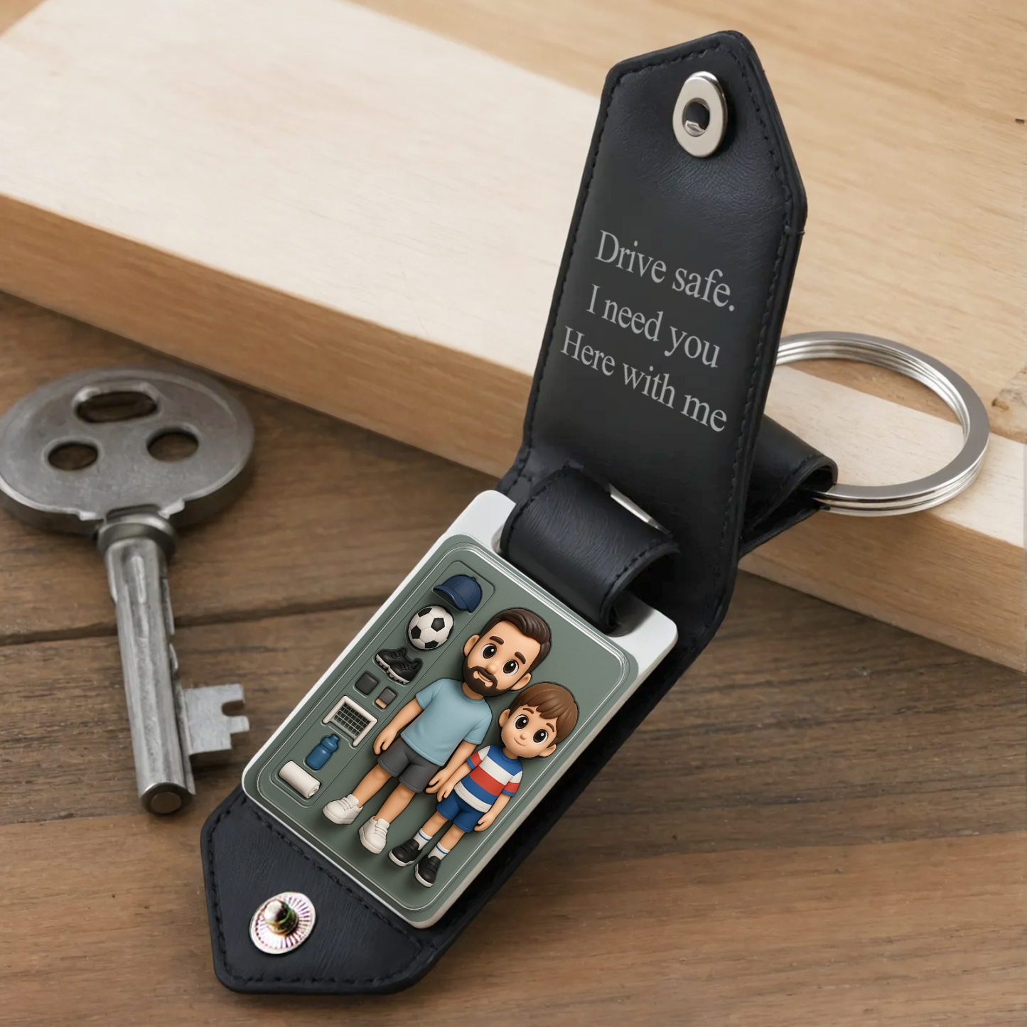 Personalized Leather Cartoon Photo Keychain Custom Engraved Text Commemorative Keychain Fathers Day Gifts