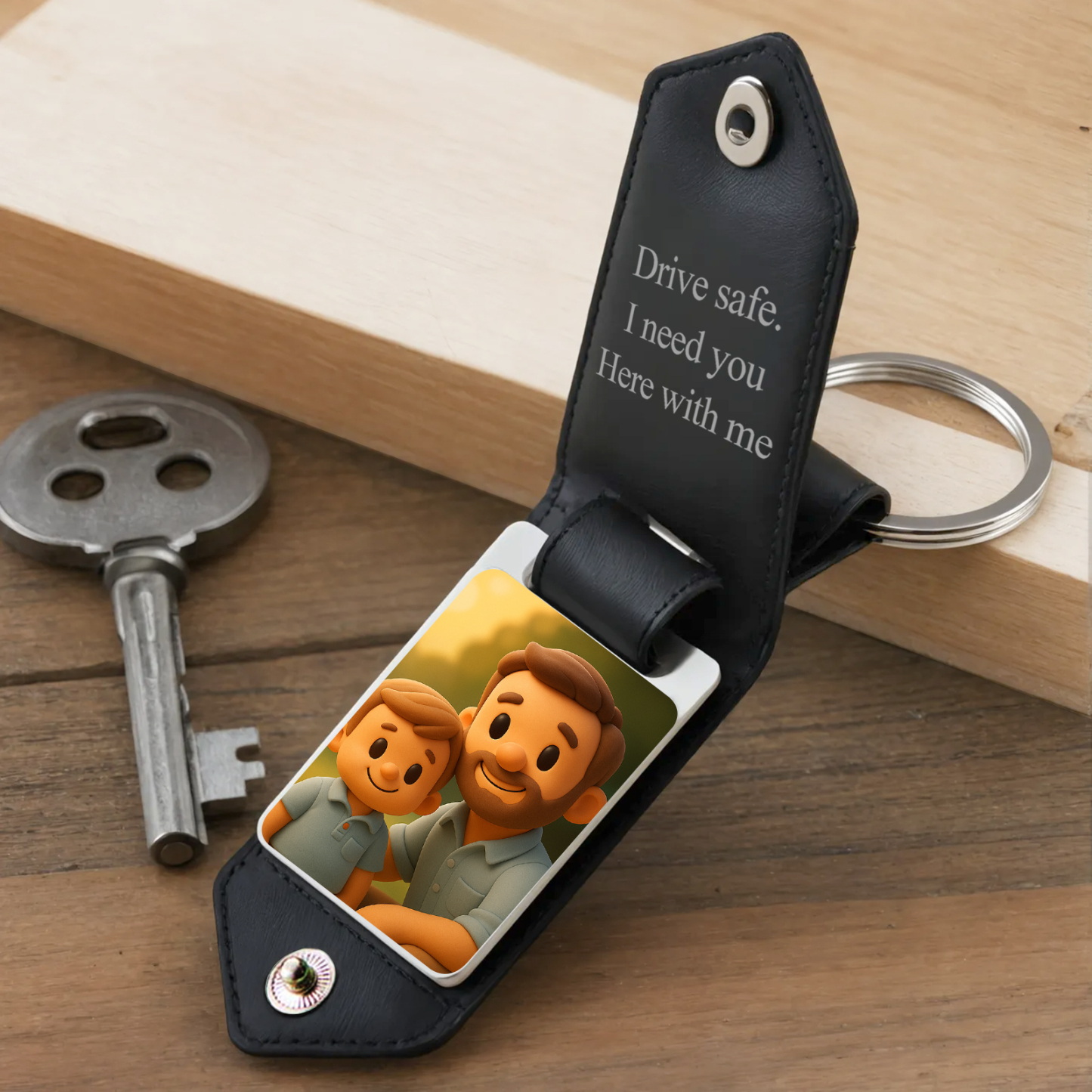 Personalized Leather Cartoon Photo Keychain Custom Engraved Text Commemorative Keychain Fathers Day Gifts