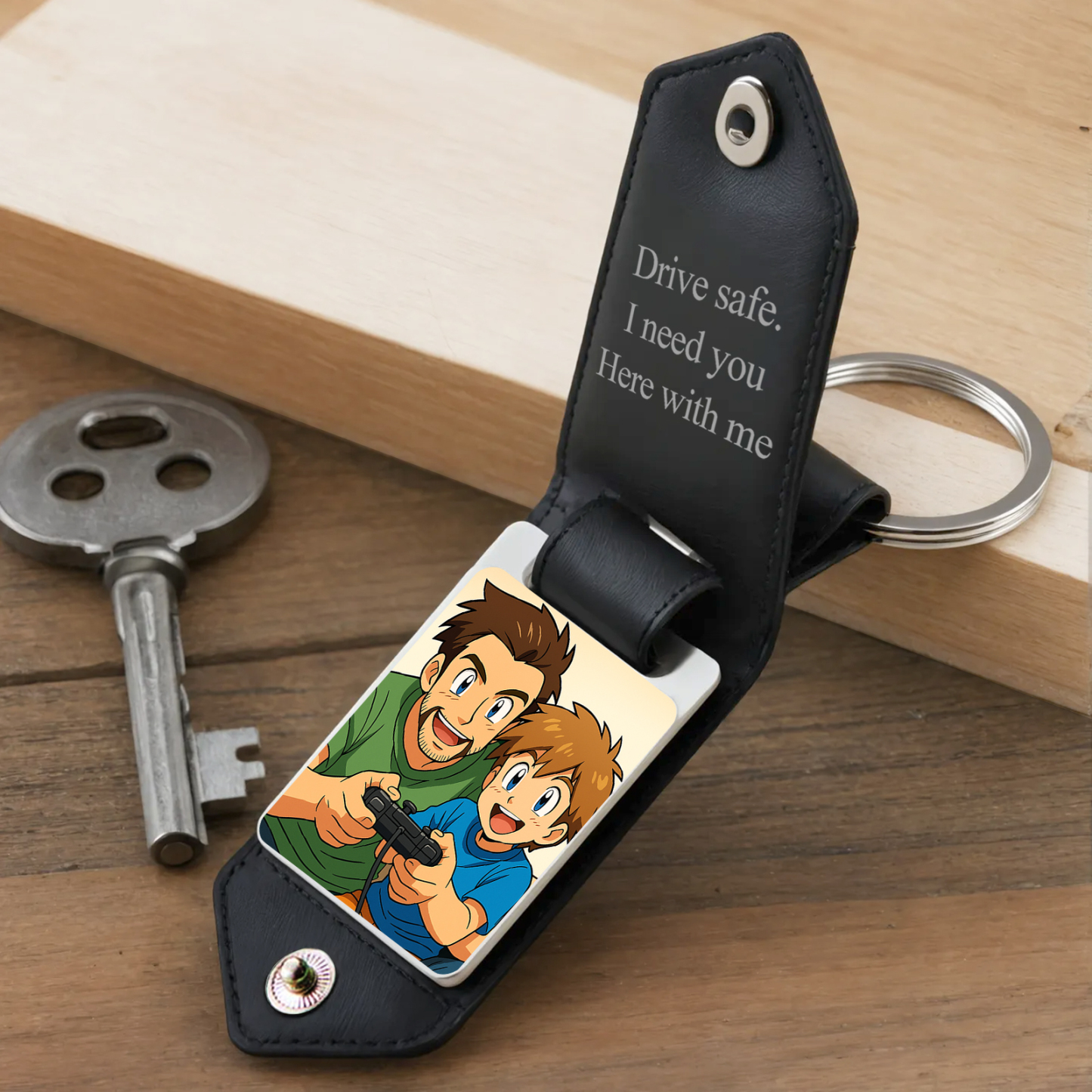 Personalized Leather Cartoon Photo Keychain Custom Engraved Text Commemorative Keychain Fathers Day Gifts