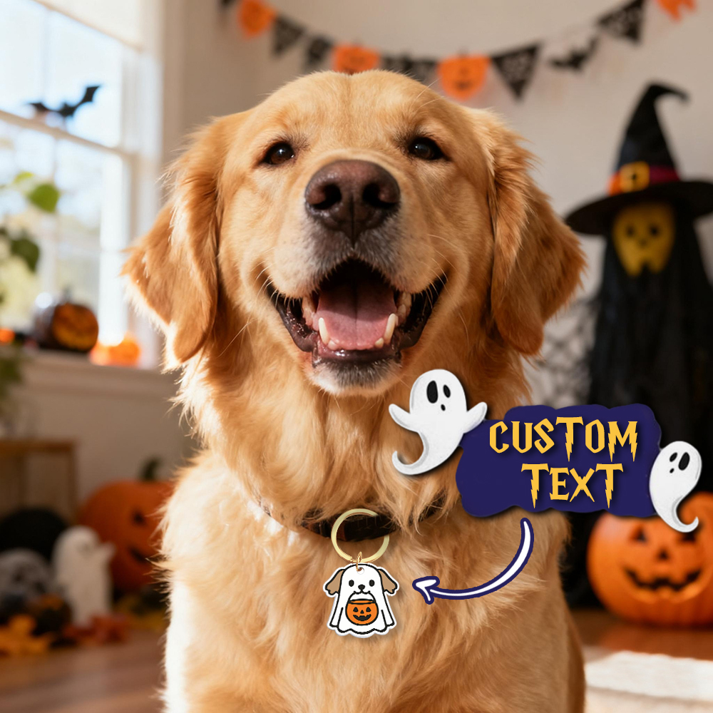 Ghost Dog Tag - 3D Printed Pet Tag, Custom, Sustainable, Customised, Gift, Keyring, Cute, Halloween, Spooky