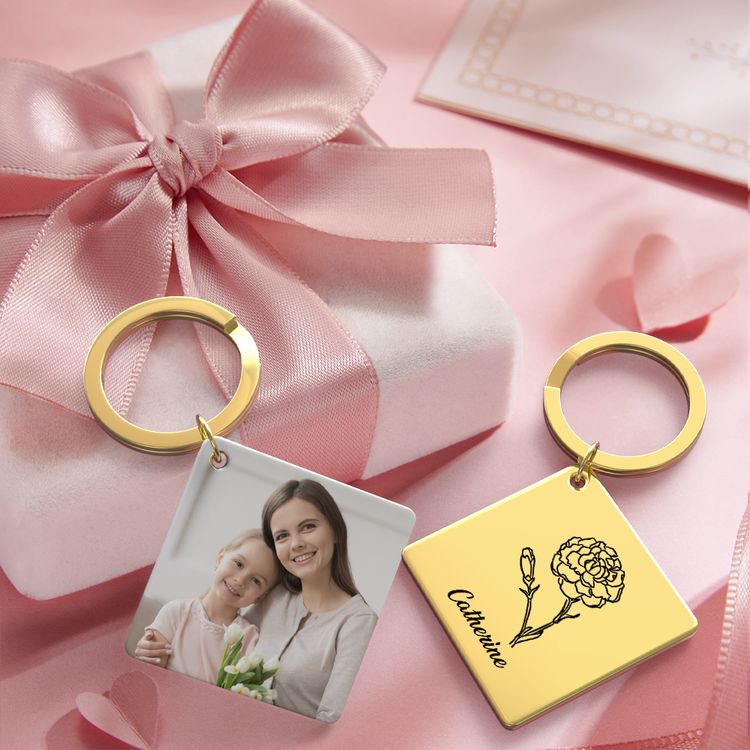 Birthflower Keychain Personalized Bouquet Flower Key Ring Mothers Day Gifts for Mom - SantaSocks