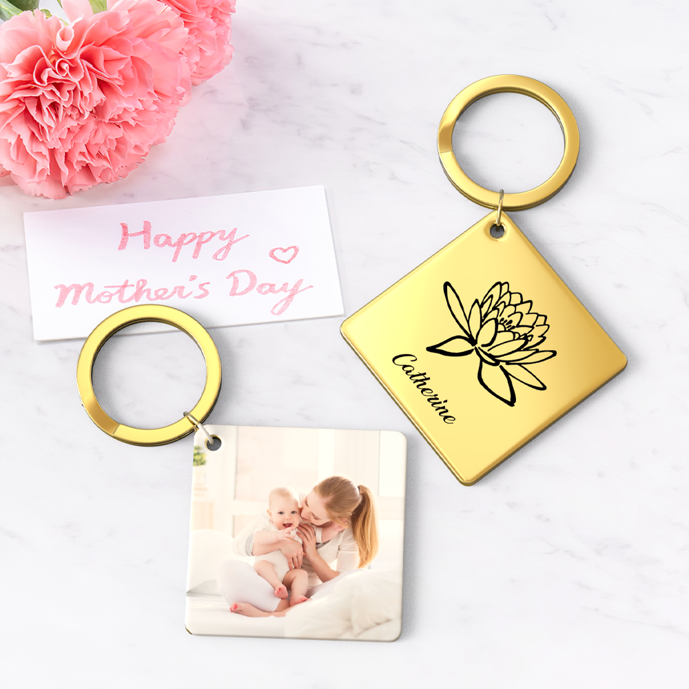 Birthflower Keychain Personalized Bouquet Flower Key Ring Mothers Day Gifts for Mom - SantaSocks