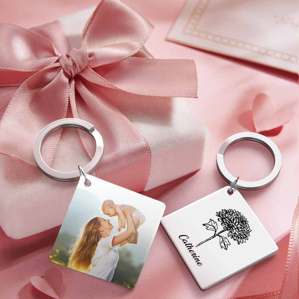 Birthflower Keychain Personalized Bouquet Flower Key Ring Mothers Day Gifts for Mom - SantaSocks
