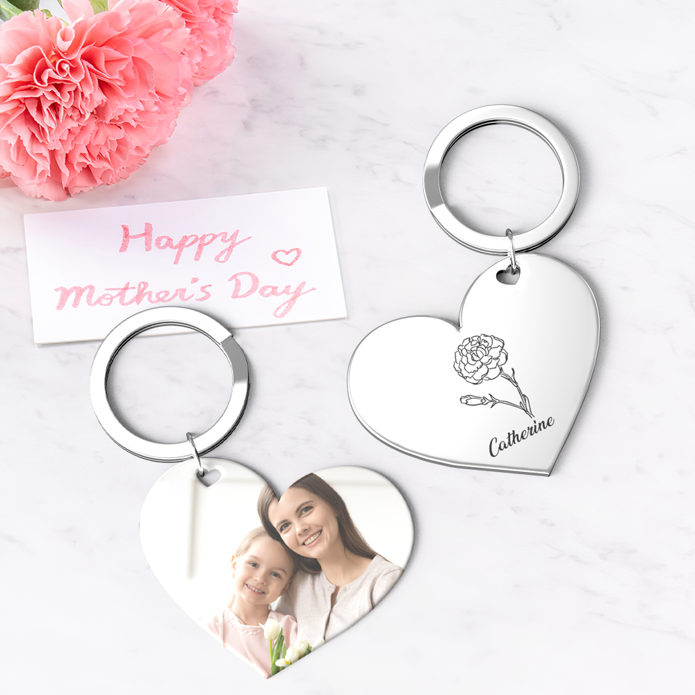 Birth Flower Keychain Custom Photo Keychain Mothers Day Gifts for Mum - SantaSocks