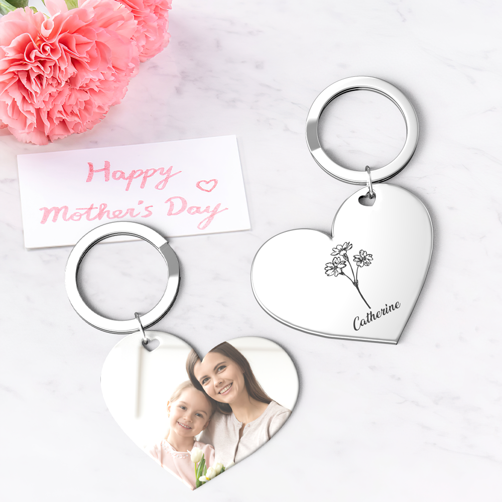 Birth Flower Keychain Custom Photo Keychain Mothers Day Gifts for Mum - SantaSocks