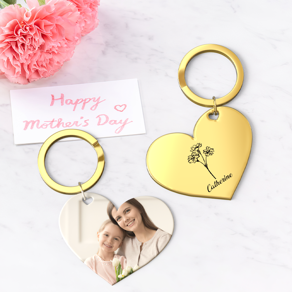 Birth Flower Keychain Custom Photo Keychain Mothers Day Gifts for Mum - SantaSocks