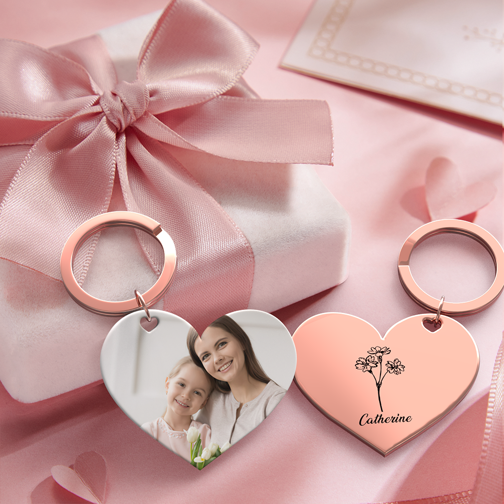Birth Flower Keychain Custom Photo Keychain Mothers Day Gifts for Mum - SantaSocks