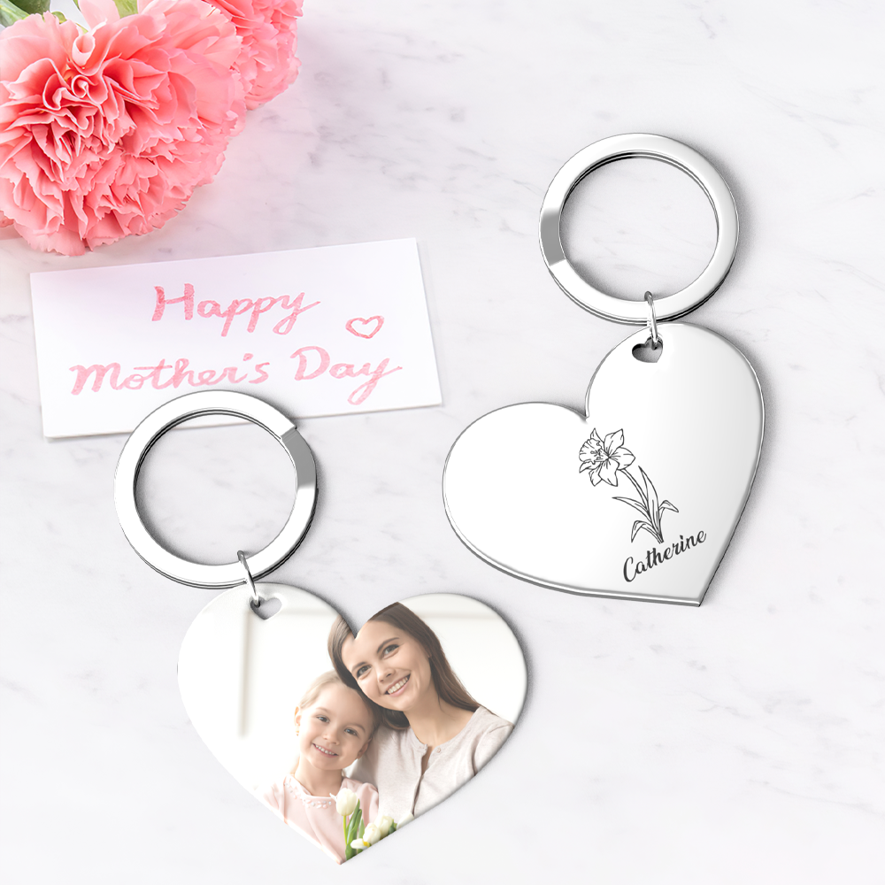 Birth Flower Keychain Custom Photo Keychain Mothers Day Gifts for Mum - SantaSocks