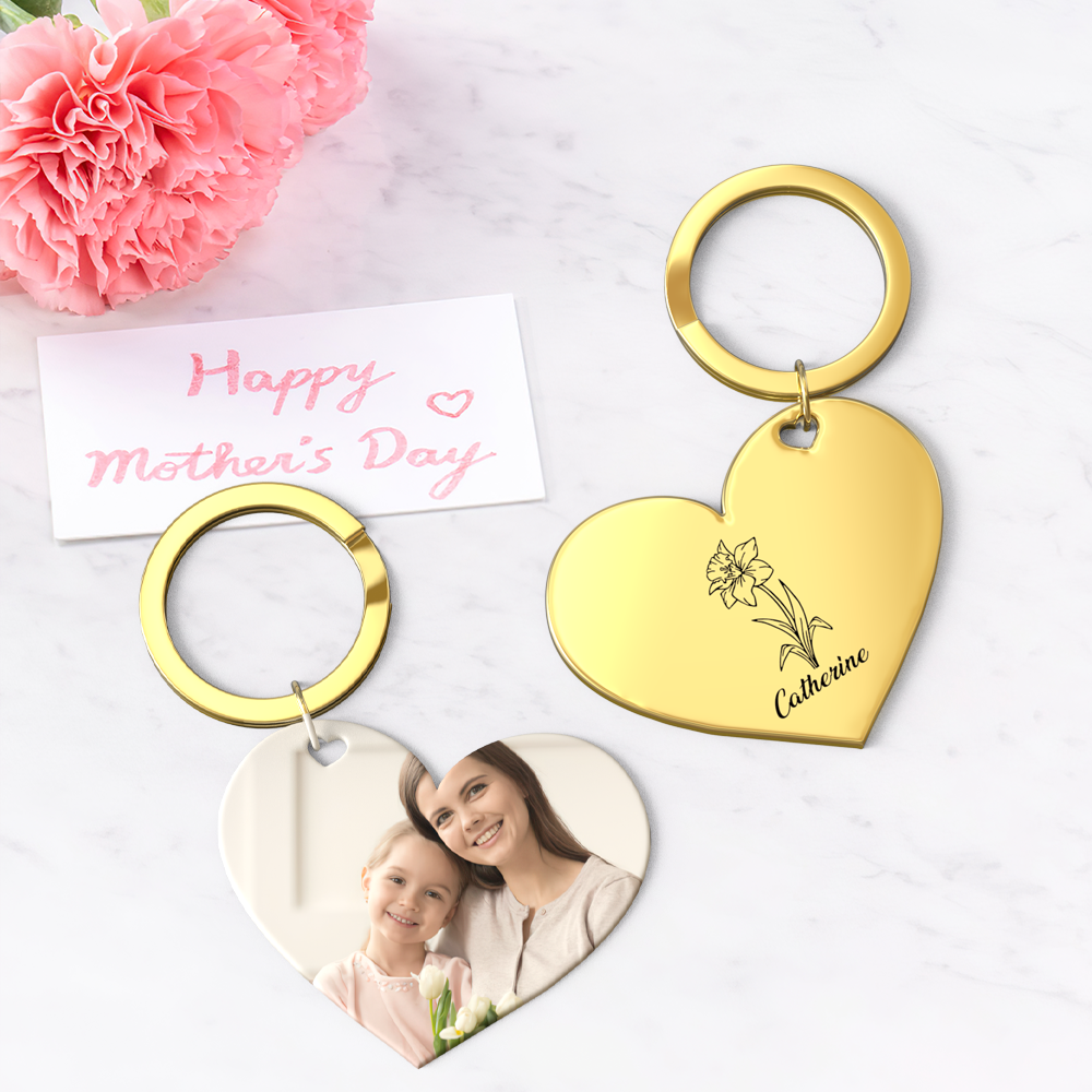 Birth Flower Keychain Custom Photo Keychain Mothers Day Gifts for Mum - SantaSocks