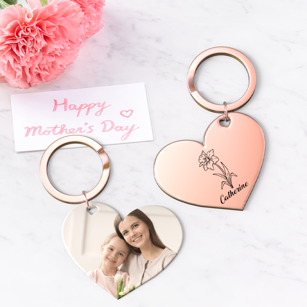 Birth Flower Keychain Custom Photo Keychain Mothers Day Gifts for Mum - SantaSocks