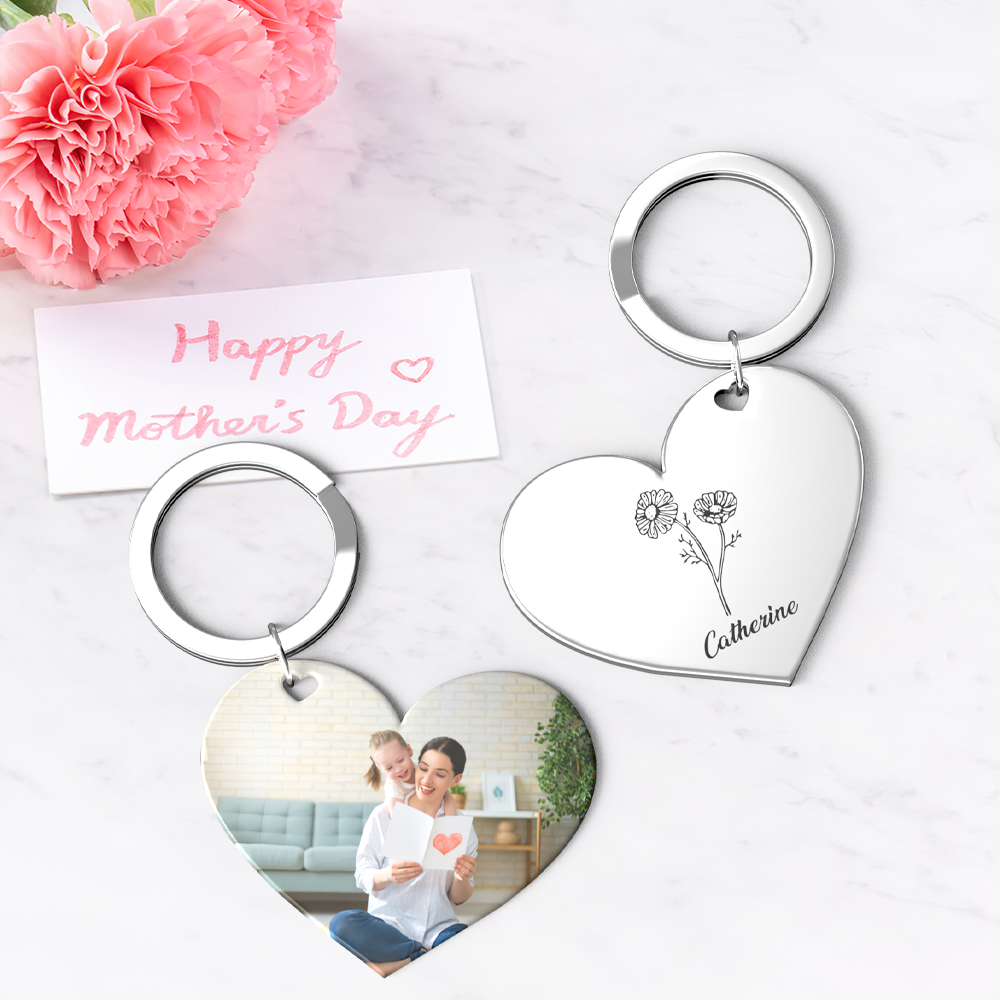 Birth Flower Keychain Custom Photo Keychain Mothers Day Gifts for Mum - SantaSocks