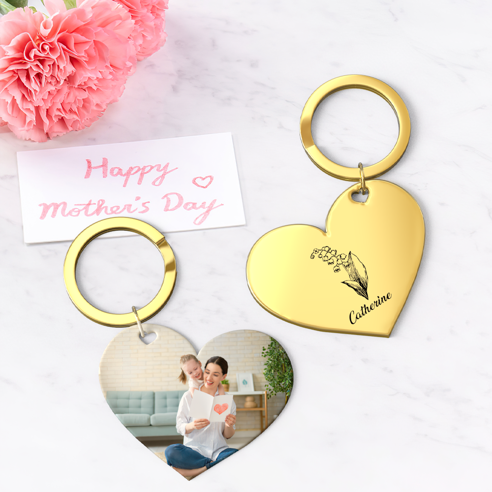 Birth Flower Keychain Custom Photo Keychain Mothers Day Gifts for Mum - SantaSocks