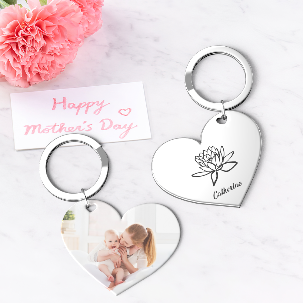 Birth Flower Keychain Custom Photo Keychain Mothers Day Gifts for Mum - SantaSocks