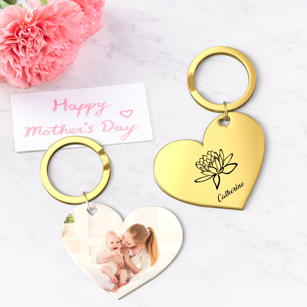 Birth Flower Keychain Custom Photo Keychain Mothers Day Gifts for Mum - SantaSocks