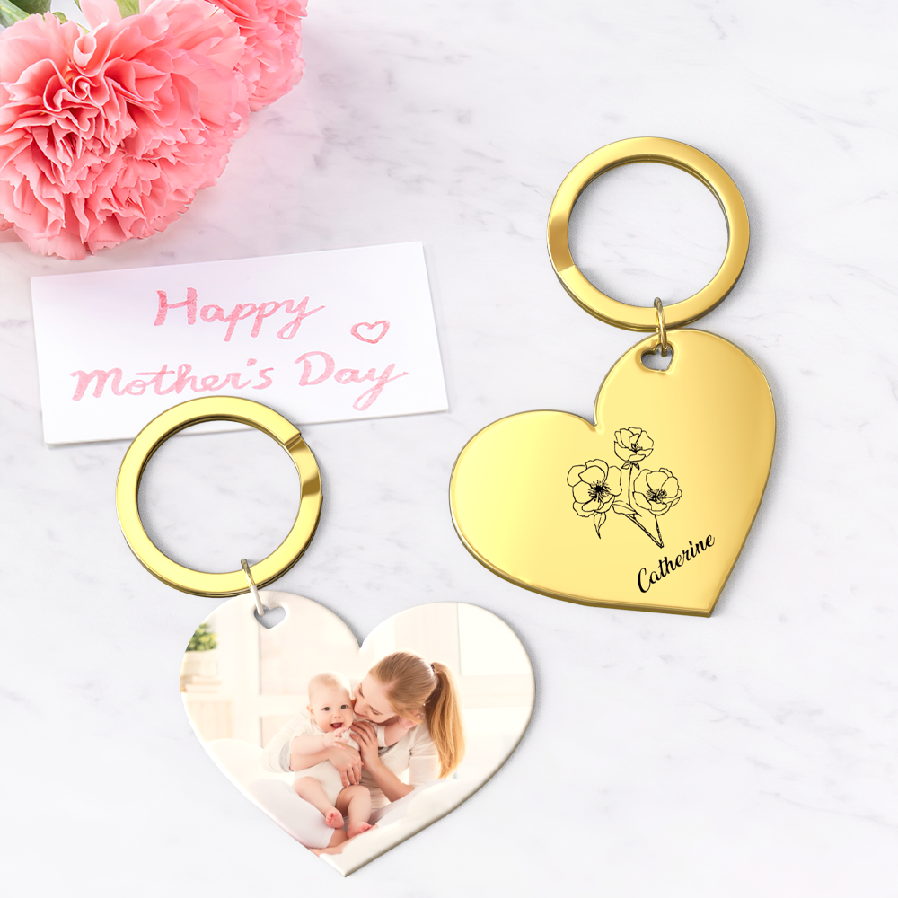 Birth Flower Keychain Custom Photo Keychain Mothers Day Gifts for Mum - SantaSocks