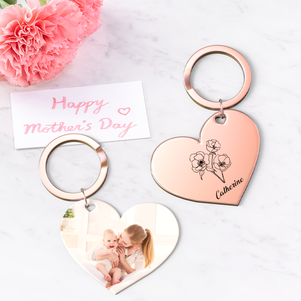 Birth Flower Keychain Custom Photo Keychain Mothers Day Gifts for Mum - SantaSocks