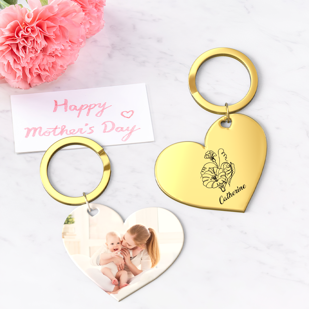 Birth Flower Keychain Custom Photo Keychain Mothers Day Gifts for Mum - SantaSocks