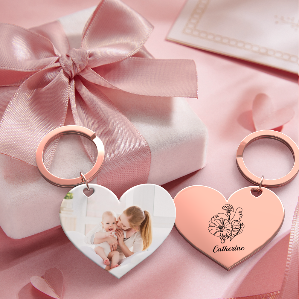 Birth Flower Keychain Custom Photo Keychain Mothers Day Gifts for Mum - SantaSocks