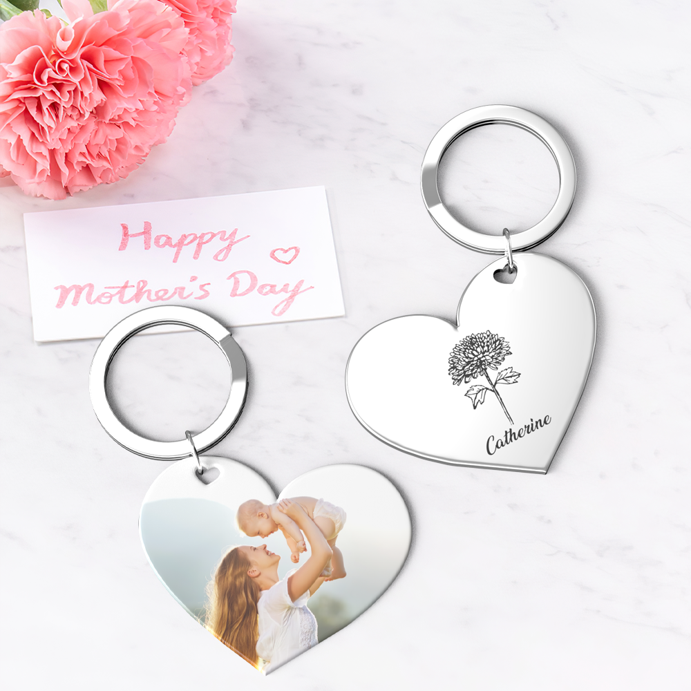 Birth Flower Keychain Custom Photo Keychain Mothers Day Gifts for Mum - SantaSocks