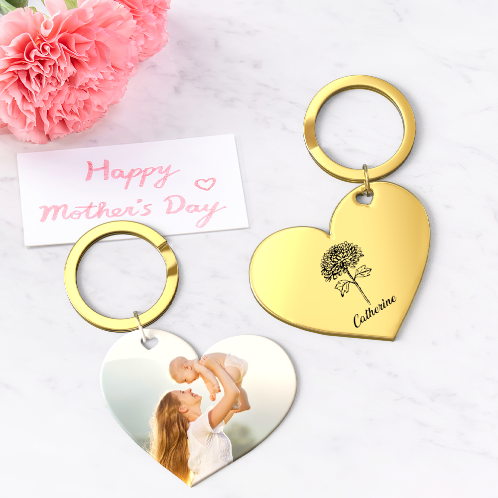 Birth Flower Keychain Custom Photo Keychain Mothers Day Gifts for Mum - SantaSocks