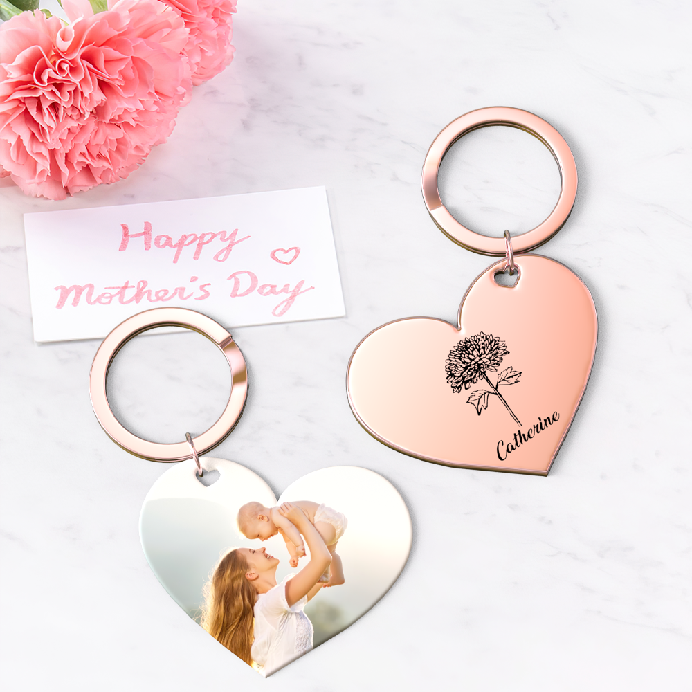 Birth Flower Keychain Custom Photo Keychain Mothers Day Gifts for Mum - SantaSocks