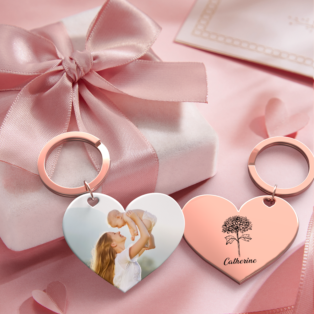 Birth Flower Keychain Custom Photo Keychain Mothers Day Gifts for Mum - SantaSocks