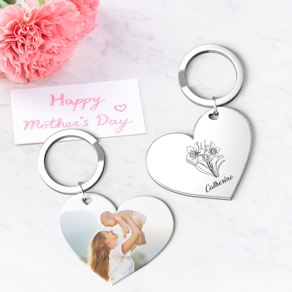 Birth Flower Keychain Custom Photo Keychain Mothers Day Gifts for Mum - SantaSocks