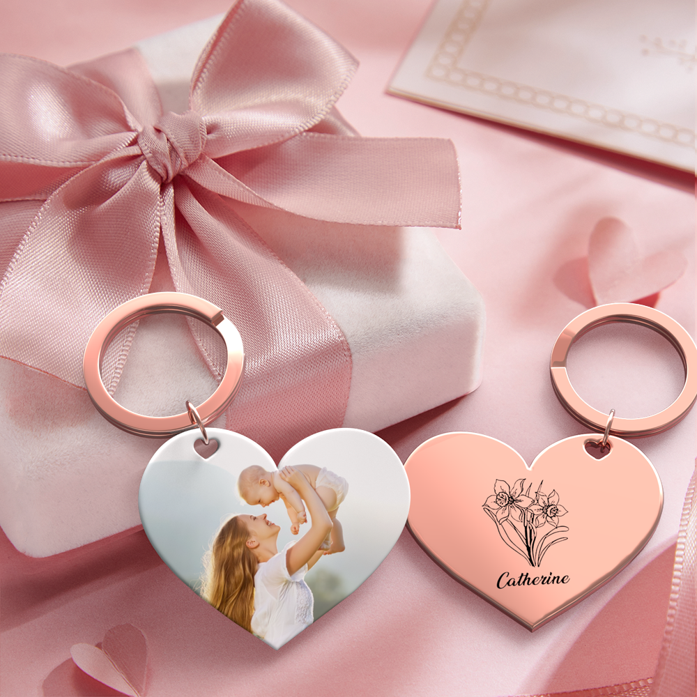 Birth Flower Keychain Custom Photo Keychain Mothers Day Gifts for Mum - SantaSocks