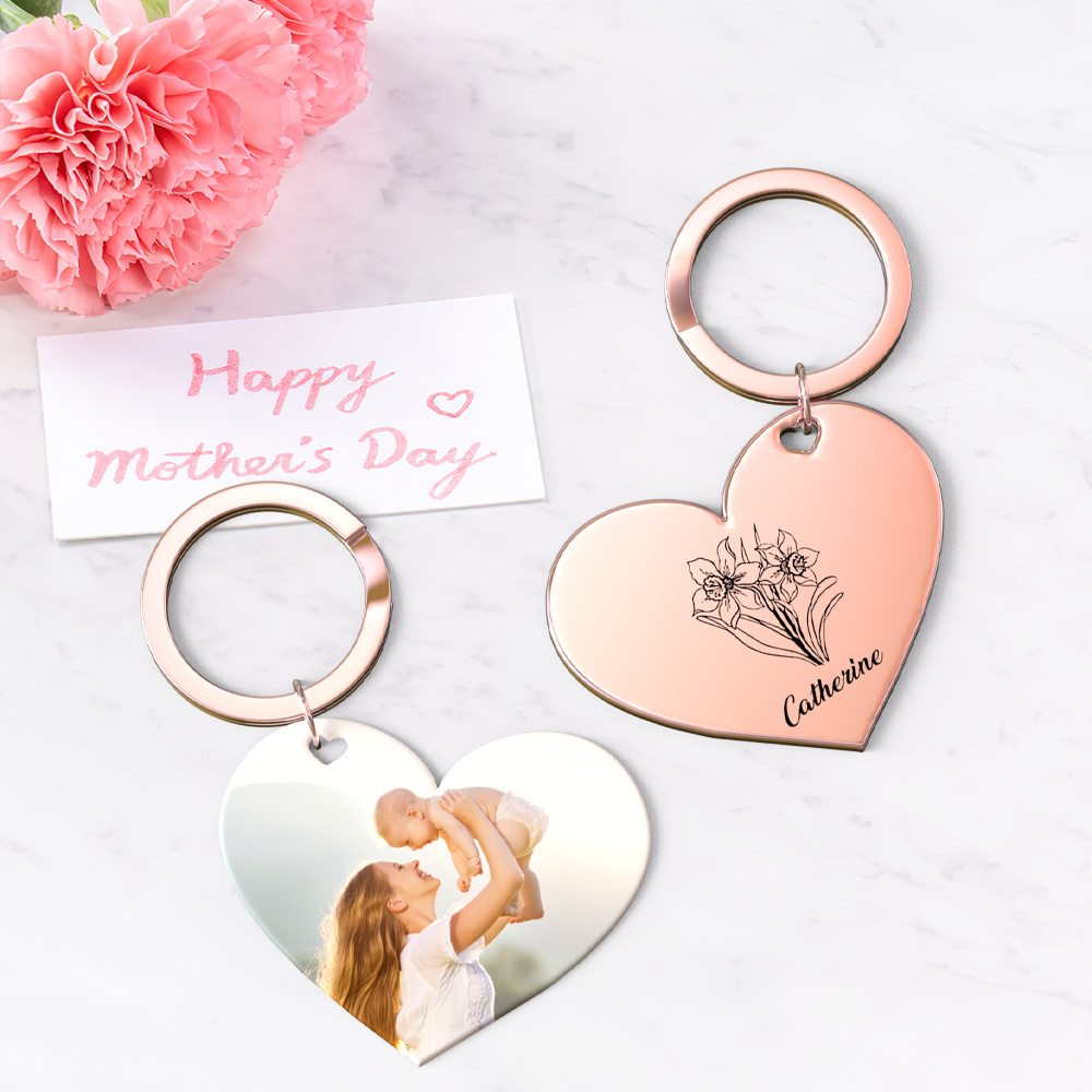 Birth Flower Keychain Custom Photo Keychain Mothers Day Gifts for Mum - SantaSocks