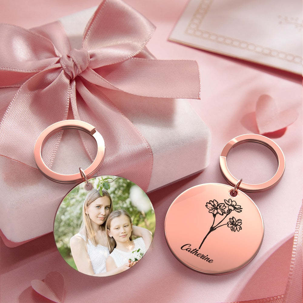 Custom Photo Keychain Personalized Month Flower Mothers Day Gifts for Mum - SantaSocks