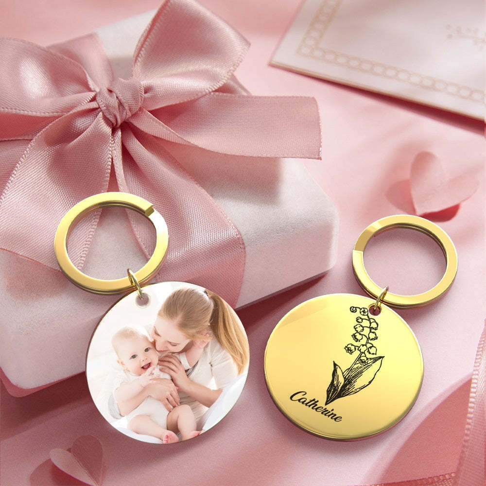 Custom Photo Keychain Personalized Month Flower Mothers Day Gifts for Mum - SantaSocks