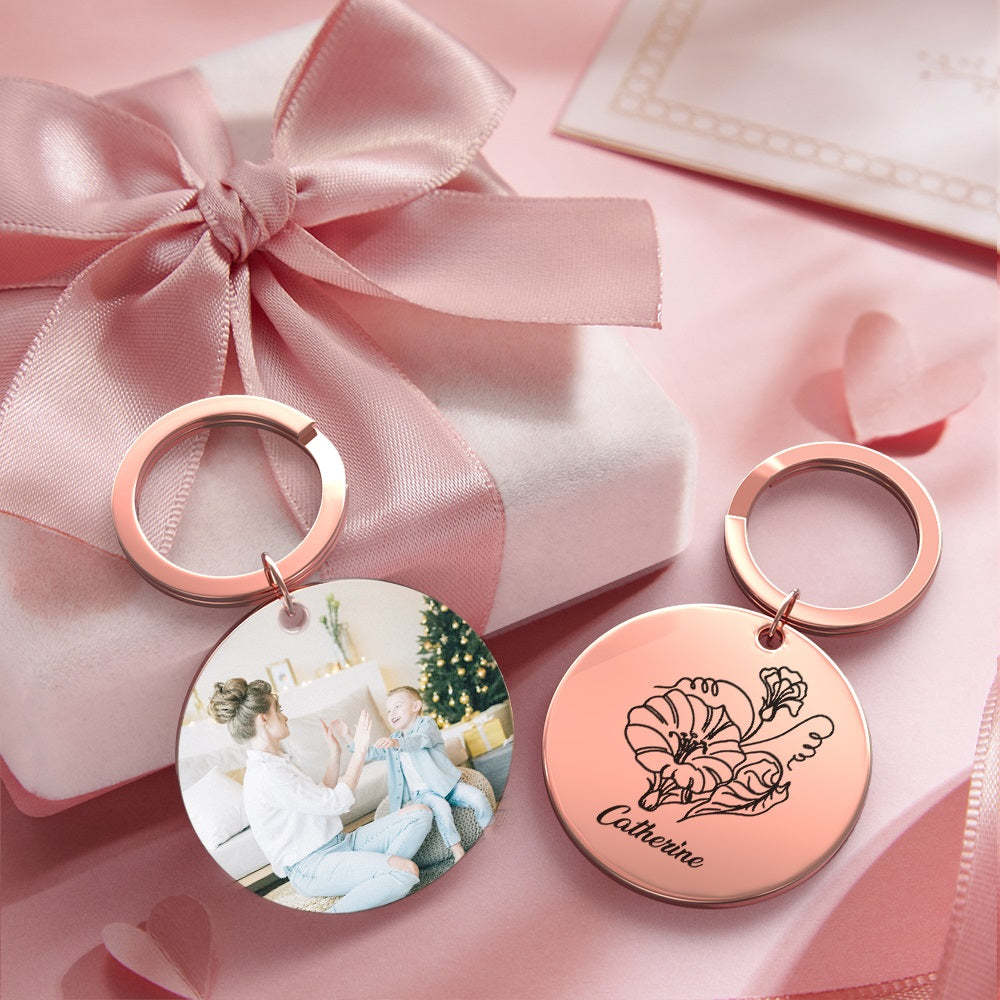 Custom Photo Keychain Personalized Month Flower Mothers Day Gifts for Mum - SantaSocks