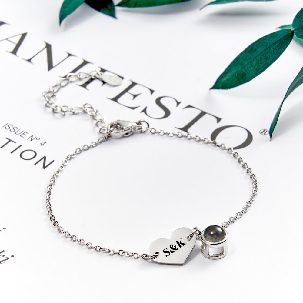 Personalized Photo  Projection Bracelet Engraved Initials  Heart Shaped Bracelet Gift For Her - SantaSocks
