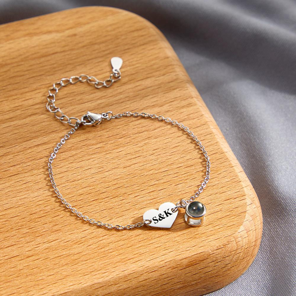 Personalized Photo Projection Bracelet Engraved Initials Heart Shaped Bracelet Gift For Her - SantaSocks