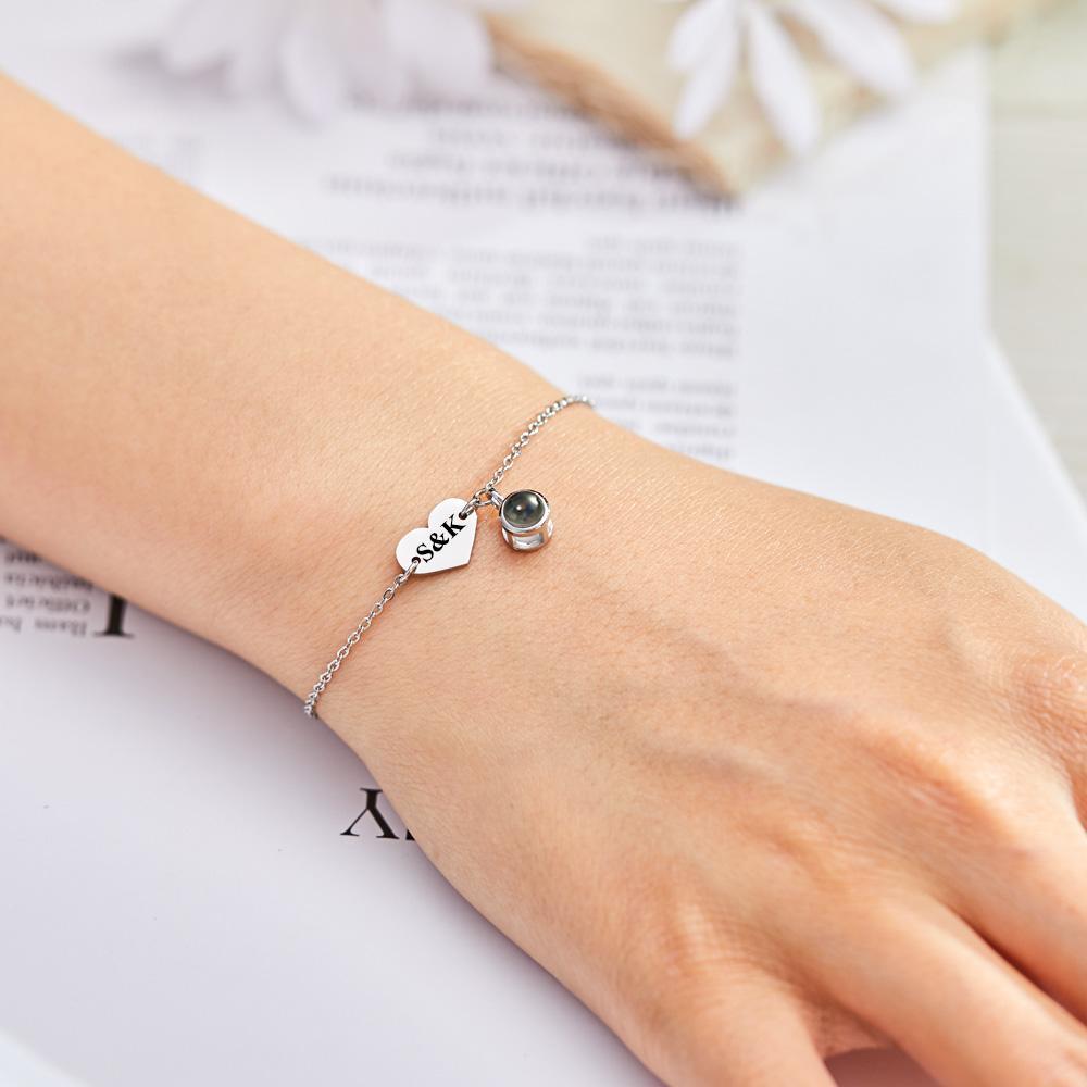 Personalized Photo Projection Bracelet Engraved Initials Heart Shaped Bracelet Gift For Her - SantaSocks
