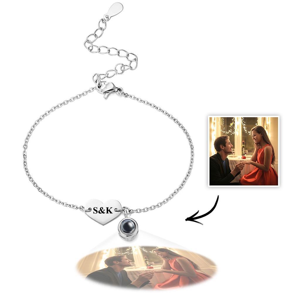 Personalized Photo Projection Bracelet Engraved Initials Heart Shaped Bracelet Gift For Her - SantaSocks