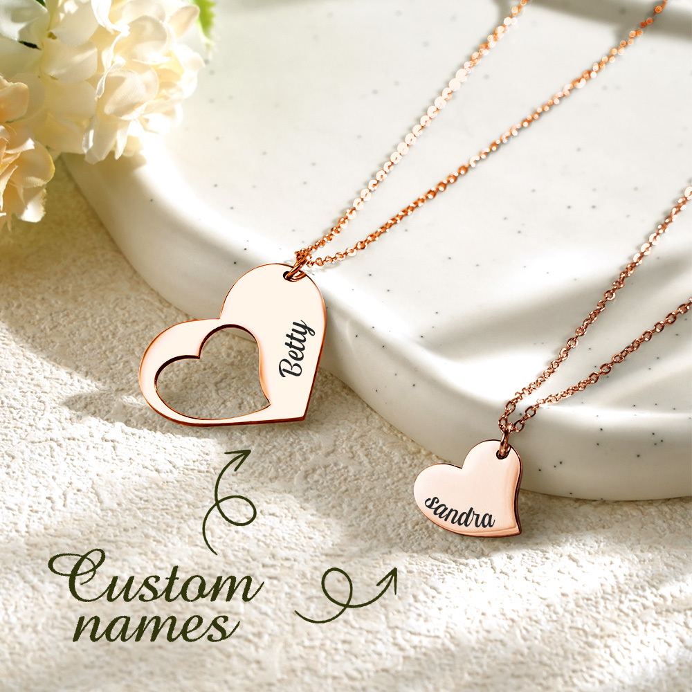 Mother Daughter Heart Necklace Set Sterling - Custom Engraved Two Puzzle Pendants - Family Gift for Mothers Day
