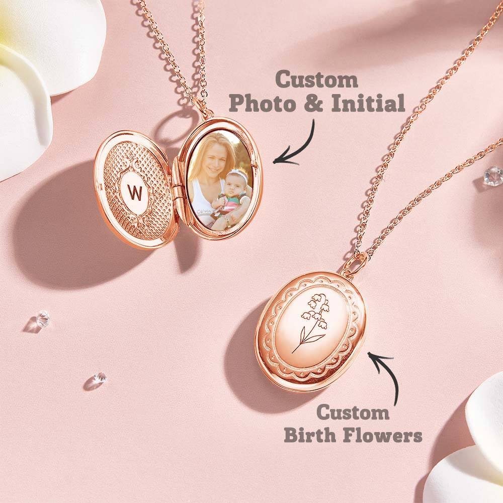 Personalized Birth Flower Locket Necklace with Photo Necklace Jewelry Gift for Her - SantaSocks