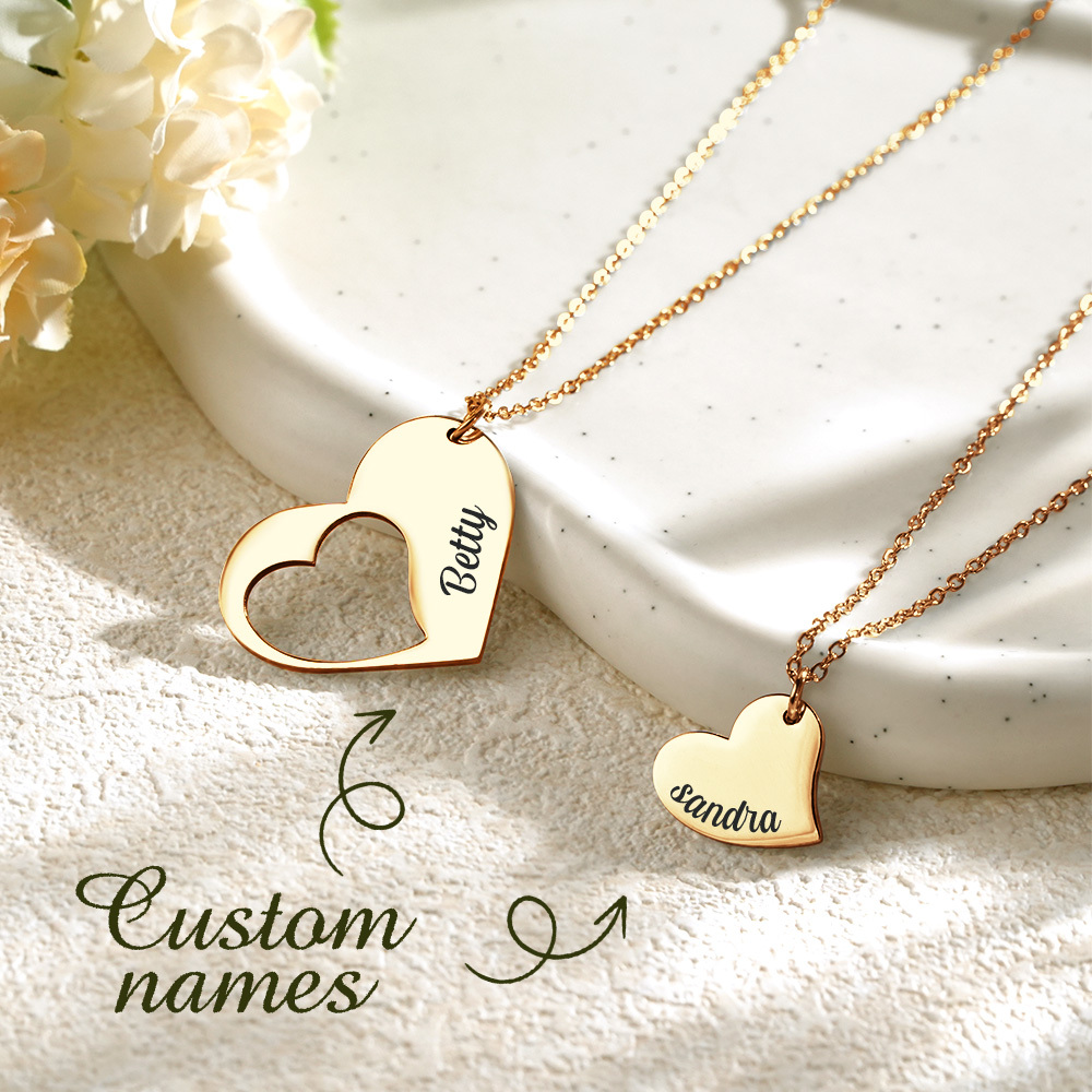 Mother Daughter Heart Necklace Set Sterling - Custom Engraved Two Puzzle Pendants - Family Gift for Mothers Day