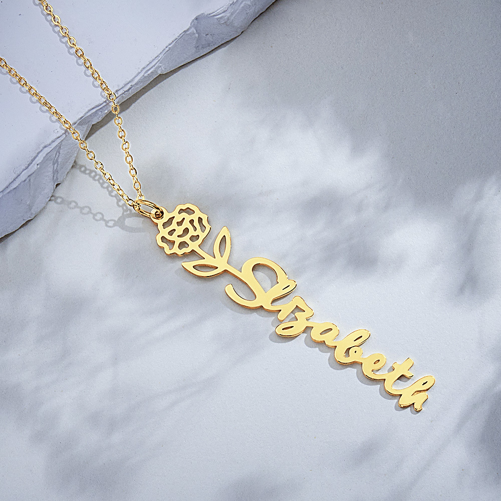 Personalized Birth Flower Name Pendant Stainless Steel Jewelry Gift No Rain No Flowers Necklace